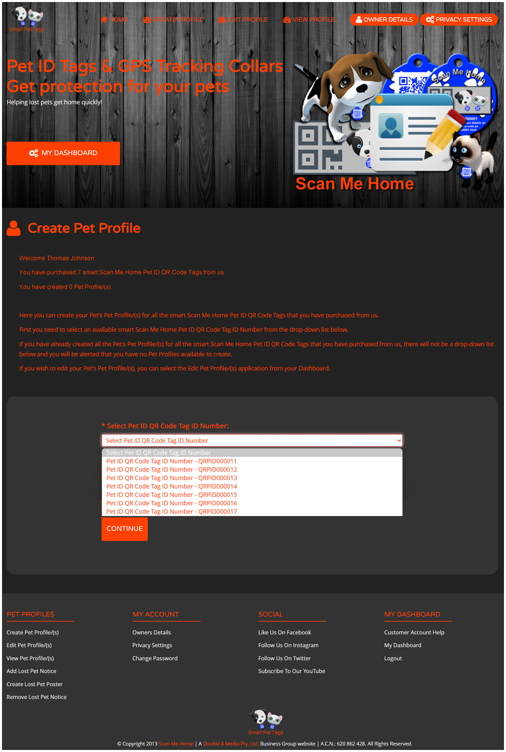Scan Me Home Customer Account Help My Dashboard Create Pet Profile Image 2