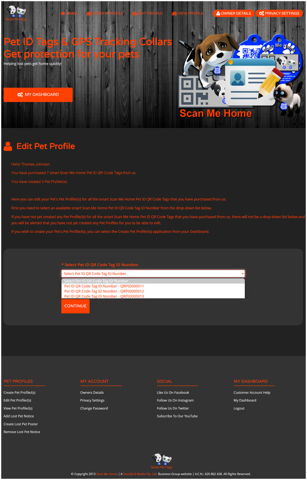 Scan Me Home Customer Account Help My Dashboard Edit Pet Profile Image 2