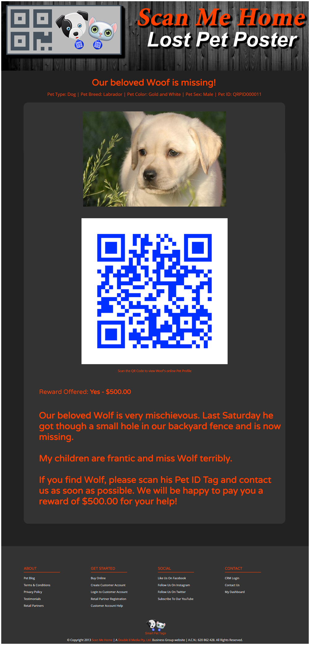Scan Me Home Customer Account Help My Dashboard Create Lost Pet Poster Image 4